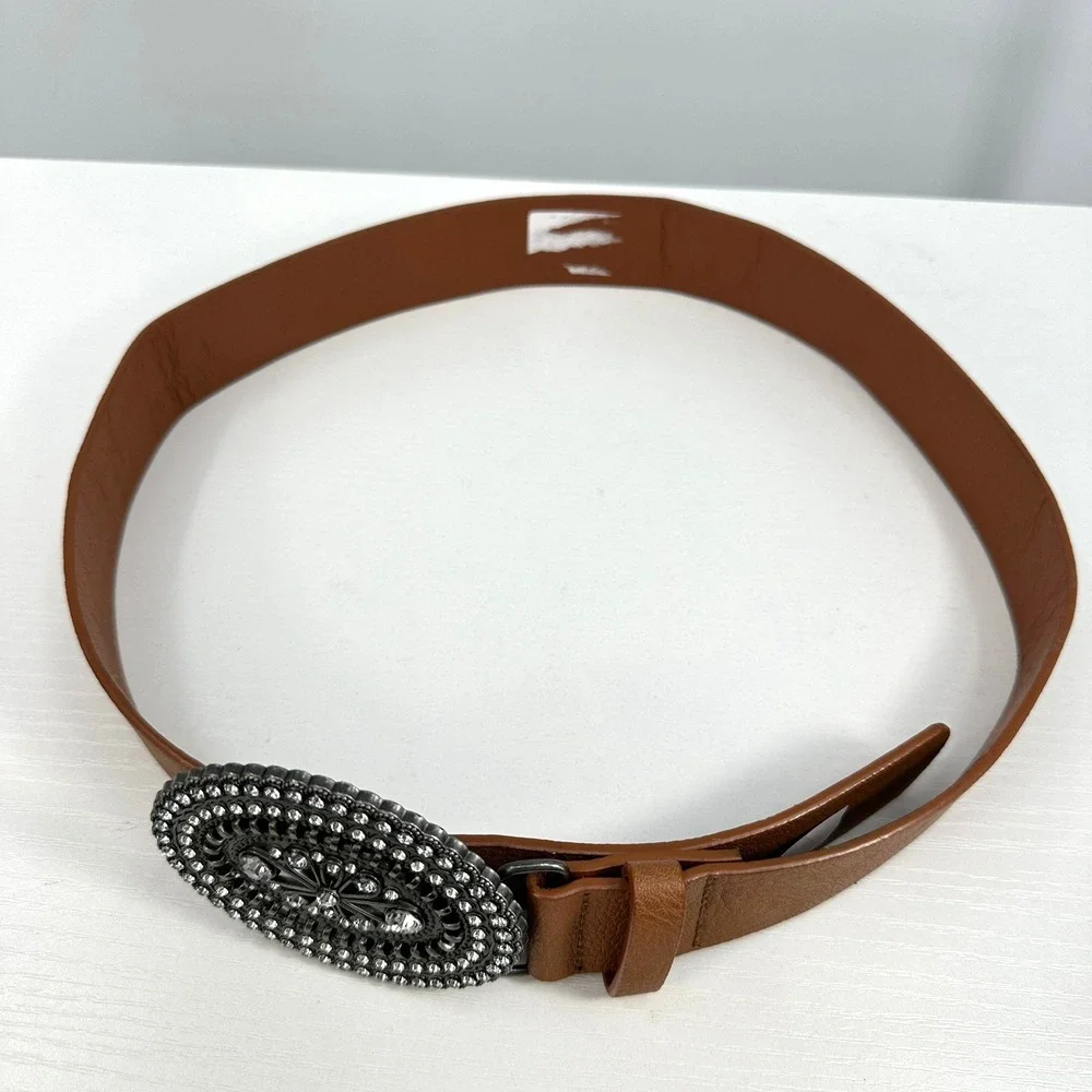 Cognac Brown Faux Leather Belt Oversized Rhinestone Western Buckle Size 5